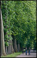 Family walking in gardens, Chateau de Fontainebleau. France (color)