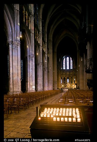 Candles, nave, and apse, Cathedral of Our Lady of Chartres,. France