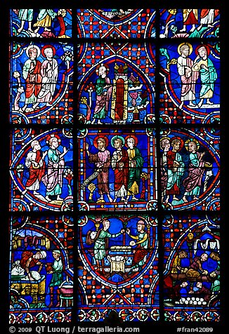 Detail of stained glass window, Chartres Cathedral. France (color)