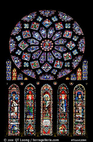 Set of rose window with five lancets called Rose of France, Chartres Cathedral. France