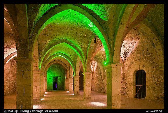 Vaulted room illuminated with colored lights, Provins. France (color)