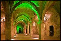 Vaulted room illuminated with colored lights, Provins. France (color)