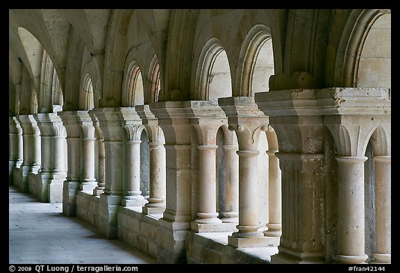 Cloister columns, Abbaye de Fontenay. Burgundy, France (color)