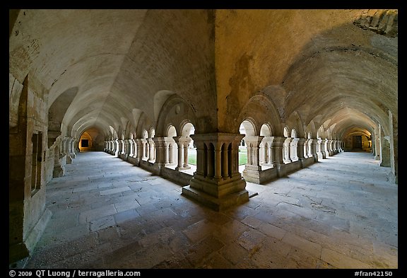 Wide view of cloister galleries, Fontenay Abbey. Burgundy, France (color)