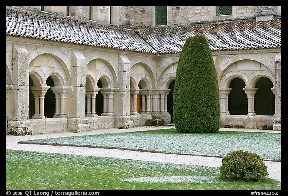 Cloister courtyard with dusting of snow Abbaye de Fontenay. Burgundy, France