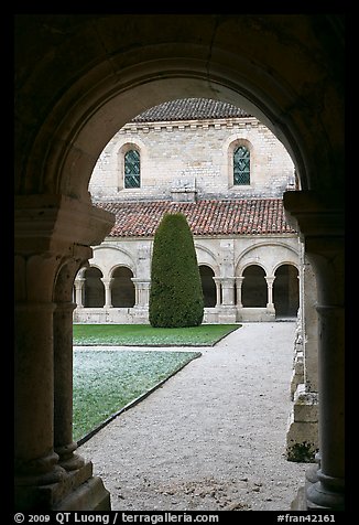 Garden seen from cloister, Abbaye de Fontenay. Burgundy, France (color)