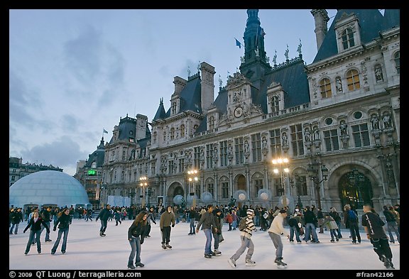Hotel de Ville with Christmas ice ring. Paris, France (color)