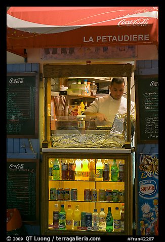 Street food vending booth, Montmartre. Paris, France