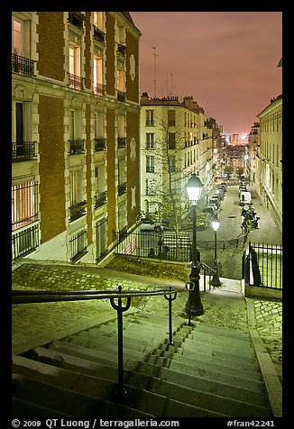 Stairs and street lamps by night, Butte Montmartre. Paris, France (color)