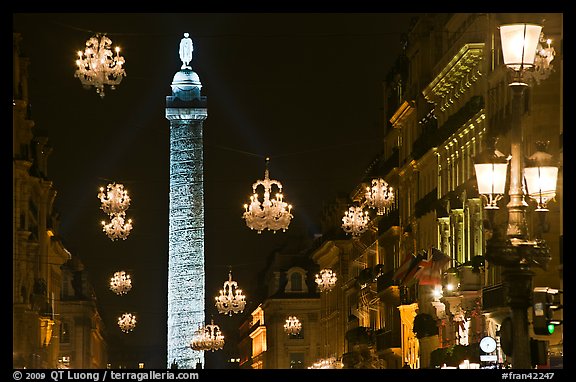 Christmas lights and Place Vendome column by night. Paris, France