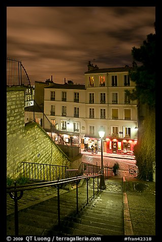 Looking down stairway by night, Montmartre. Paris, France