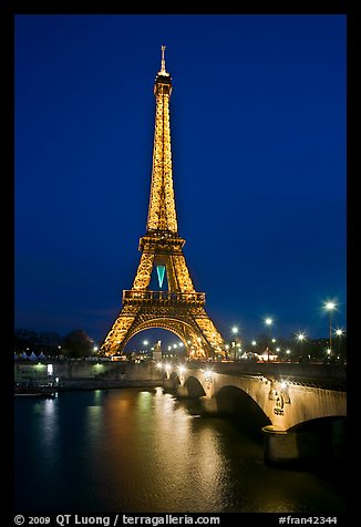Seine River, Iena Bridge, and illuminated Eiffel Tower. Paris, France (color)