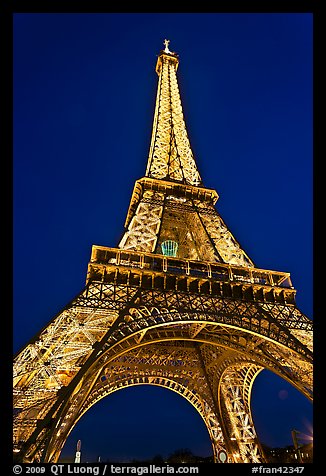 Illuminated  Eiffel Tower seen from close. Paris, France (color)