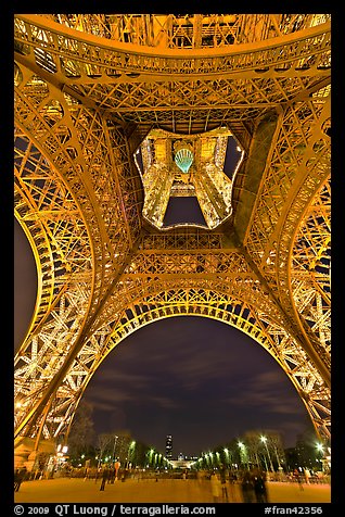 Eiffel Tower from below and Champs de Mars at night. Paris, France