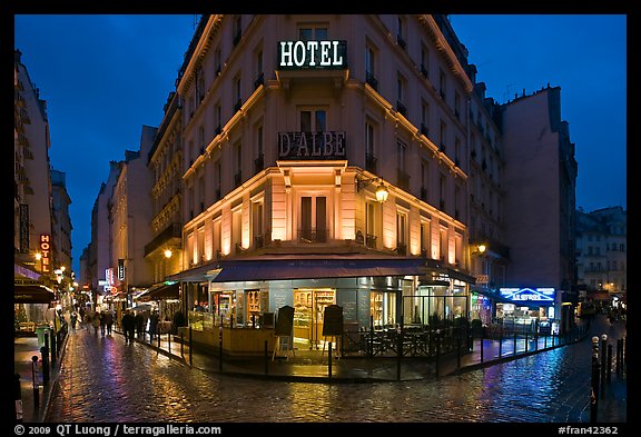 Hotel and pedestrian streets at night. Quartier Latin, Paris, France