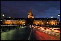 The Invalides: Mansart's dome above Bruant's pedimented central block by night. Paris, France (color)