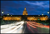 Les Invalides hospital and chapel dome with light trails from traffic. Paris, France (color)