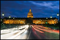 Les Invalides hospital and chapel dome with light trails from traffic. Paris, France