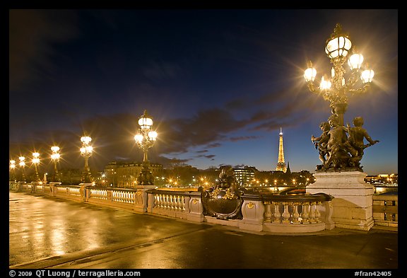 Lamps on Pont Alexandre III by night. Paris, France (color)