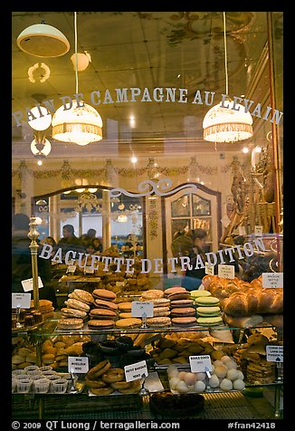 Pastries in bakery storefront. Paris, France