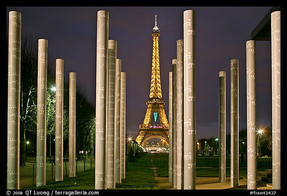 Memorial with word peace written on 32 columns in 32 languages. Paris, France