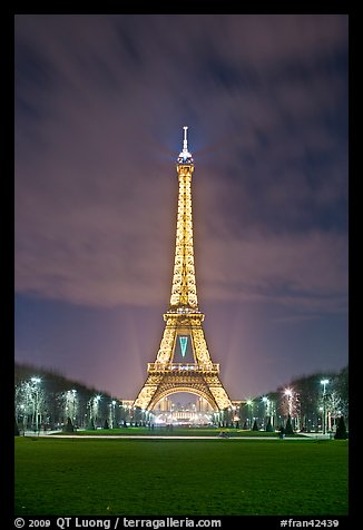 Lawns of Champs de Mars and Eiffel Tower at night. Paris, France (color)
