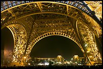 Palais de Chaillot seen through the base of Eiffel Tower by night. Paris, France (color)