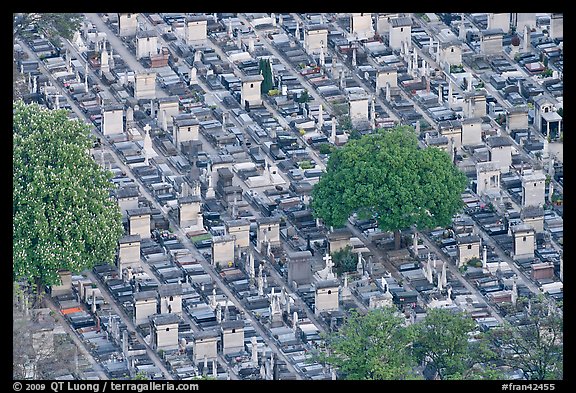 Aerial view of tombs, Montparnasse Cemetery. Paris, France