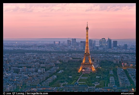 Eiffel Tower, Champs de Mars, La Defense at sunset. Paris, France