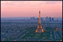 Eiffel Tower, Champs de Mars, La Defense at sunset. Paris, France (color)