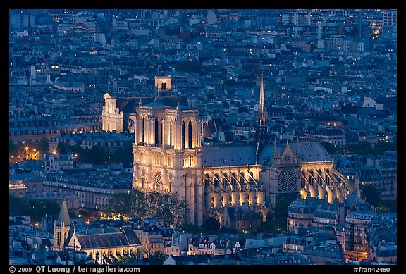 Notre-Dame de Paris Cathedral from above at night. Paris, France (color)
