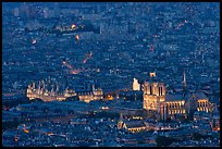 Aerial night view with Notre-Dame and Hotel de Ville. Paris, France (color)