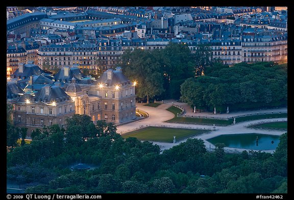 Aerial night view of Jardin du Luxembourg and Senate. Quartier Latin, Paris, France