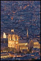 Aerial view of Notre-Dame de Paris Cathedral at night. Paris, France