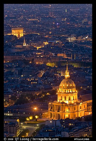 Invalides and Arc de Triomphe at night. Paris, France