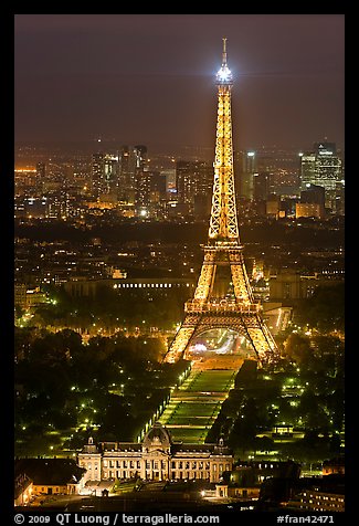 Ecole Militaire and Eiffel Tower seen from above at night. Paris, France