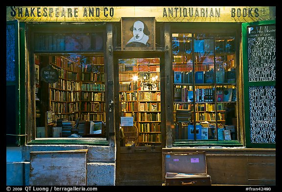 Shakespeare and Co bookstore at dusk. Quartier Latin, Paris, France (color)