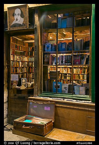 Shakespeare and Co storefront at night. Quartier Latin, Paris, France