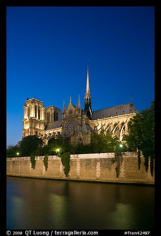 Notre Dame Cathedral and Seine River at twilight. Paris, France