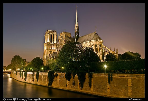 Seine River and Notre Dame de Paris at night. Paris, France (color)
