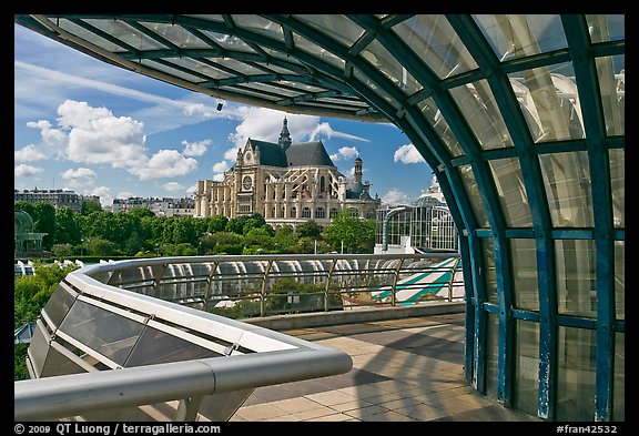 Curvy modern structure framing the church of Saint-Eustache. Paris, France