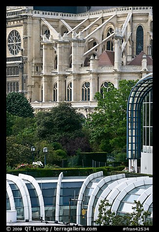 Detail of Forum des Halles and Saint-Eustache church. Paris, France