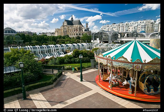 Carousel, Forum des Halles and Saint-Eustache church. Paris, France