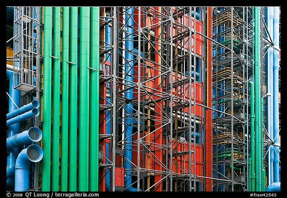 Exposed skeleton of brightly colored tubes, Pompidou Centre. Paris, France (color)