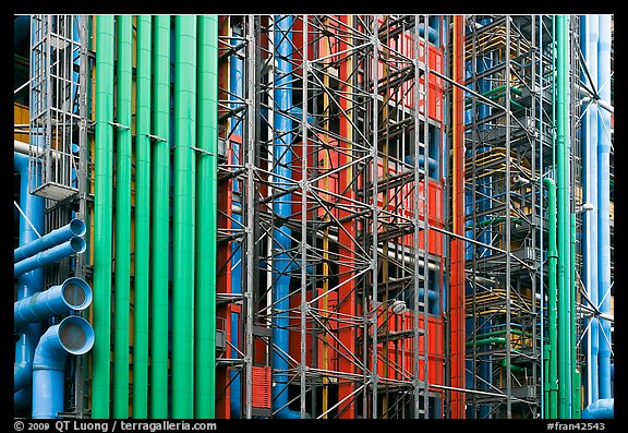 Exposed skeleton of brightly colored tubes, Pompidou Centre. Paris, France