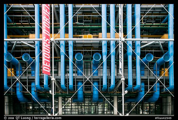 Rear of Pompidou Center with exposed blue tubes used for climate control. Paris, France (color)