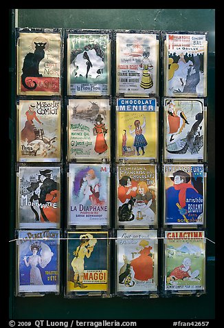 Reproduction of vintage advertising posters, Montmartre. Paris, France