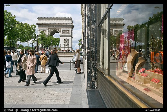 Jewelry store, sidewalk, and Arc de Triomphe. Paris, France (color)