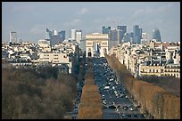 Aerial view of Champs-Elysees, Arc de Triomphe, and La Defense. Paris, France (color)