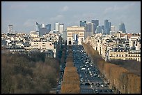 Aerial view of Champs-Elysees, Arc de Triomphe, and La Defense. Paris, France